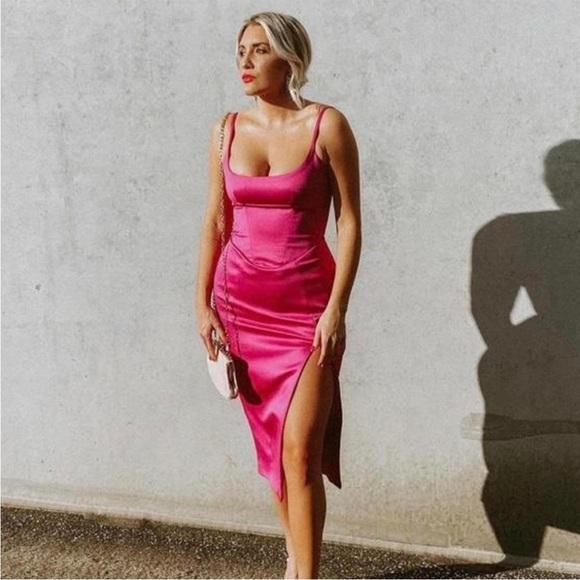 House or CB ‘Casimira’ Pink Satin Corset Midi Dress NWOT - Picture 10 of 16